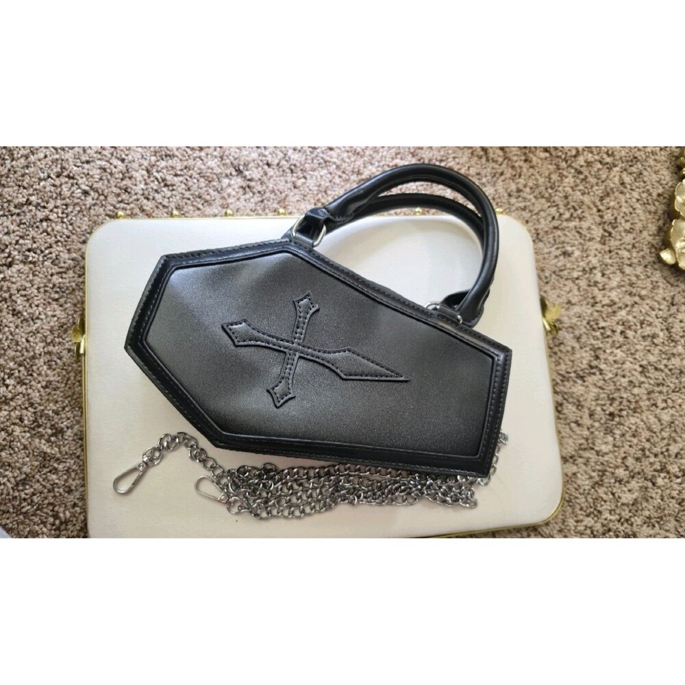Black Coffin Shaped Handbag Cross Accent Chain Strap Silver Hardware Women